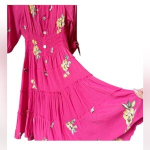 Vibrant Floral Button-Front embroidery Midi Dress